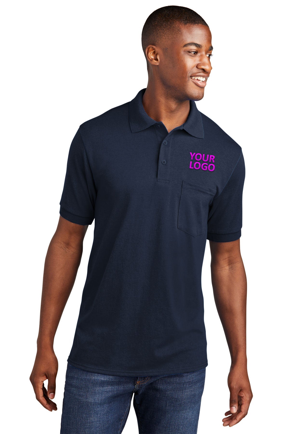 Port & Company Custom Jersey Knit Pocket Polos, Deep Navy