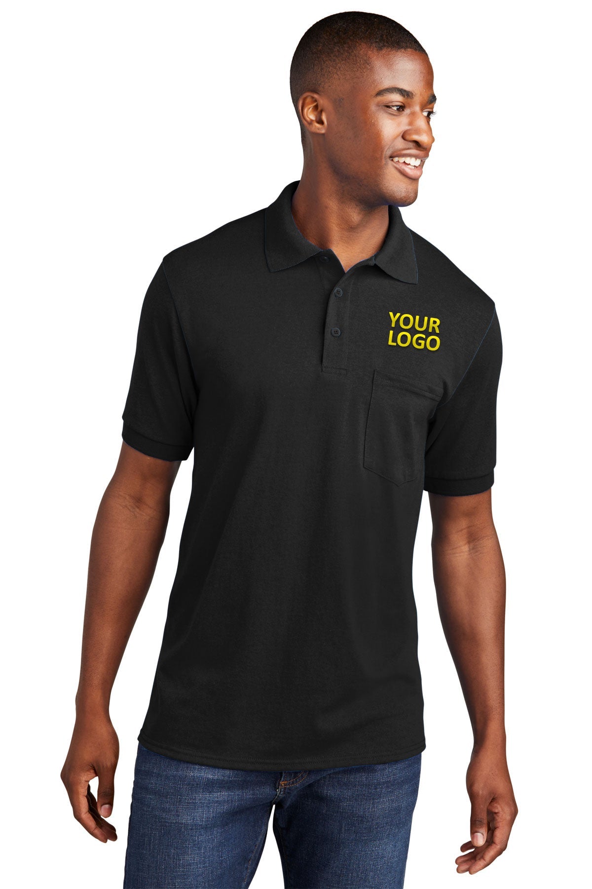 Port & Company Custom Jersey Knit Pocket Polos, Jet Black