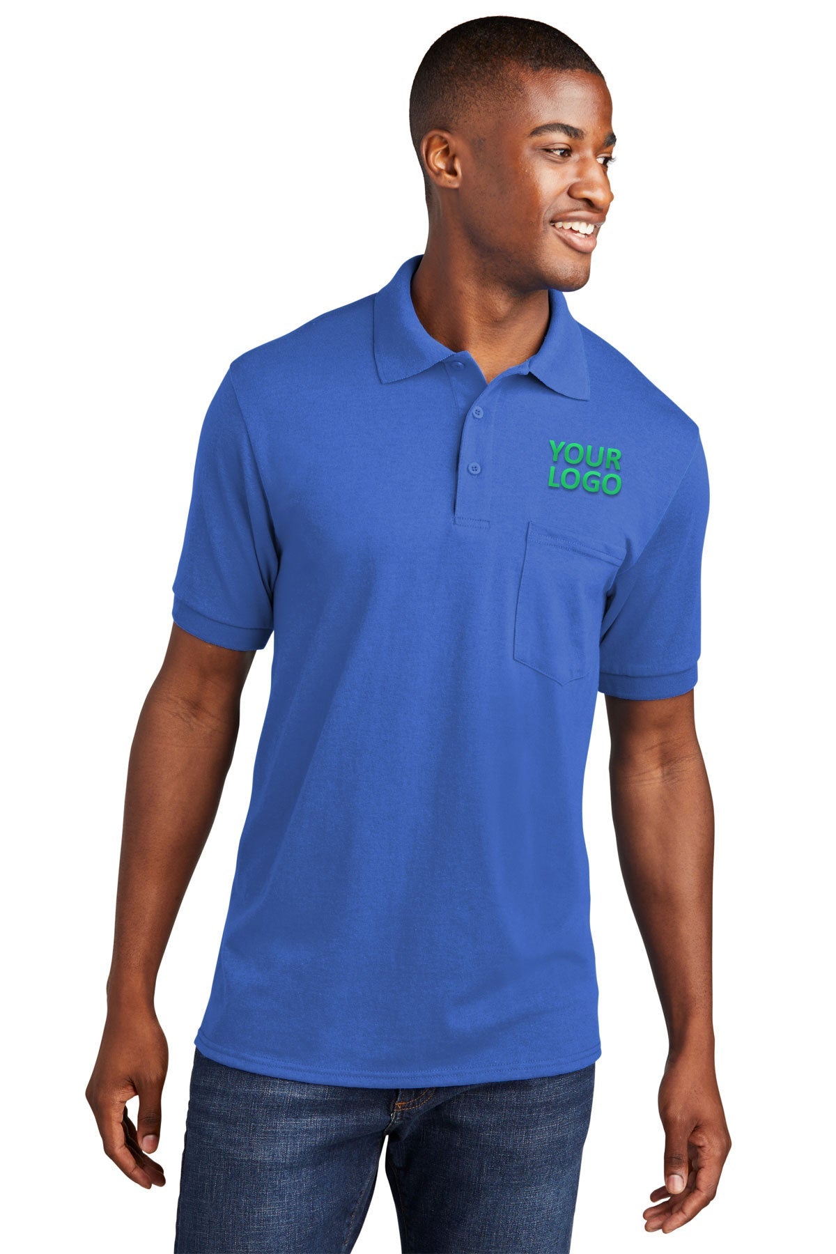 Port & Company Branded Jersey Knit Pocket Polos, Royal