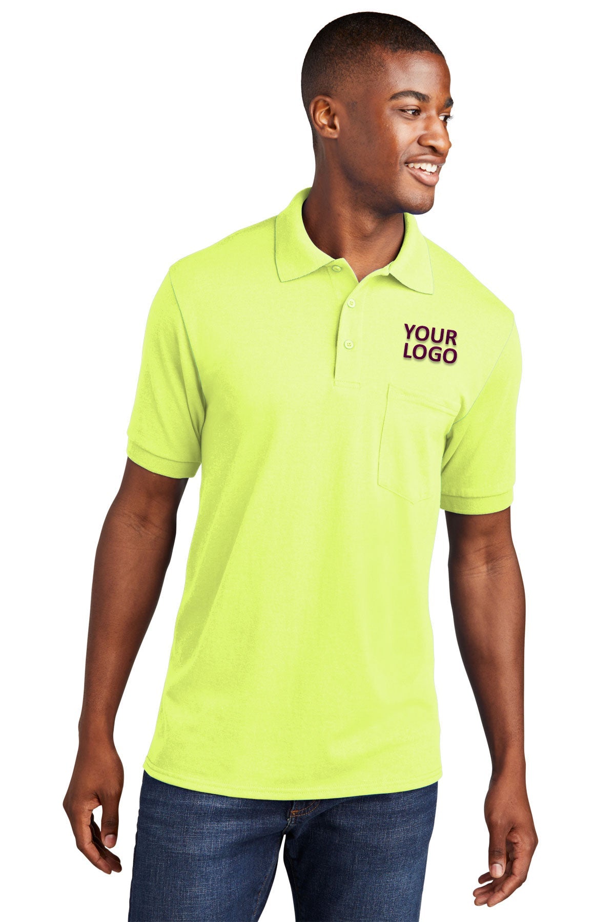 Port & Company Branded Jersey Knit Pocket Polos, Safety Green