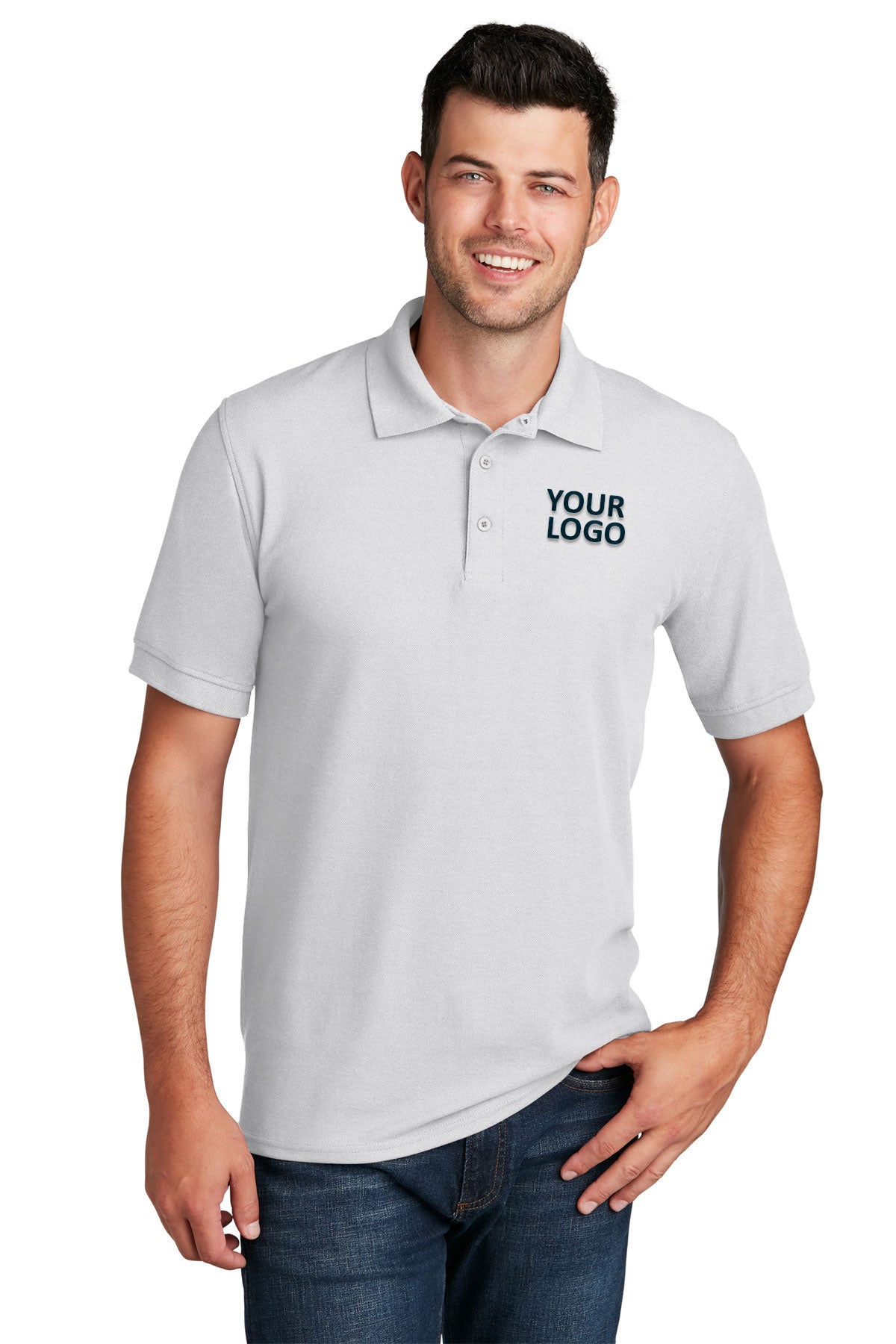 port & company white kp155 custom polo shirts with logo