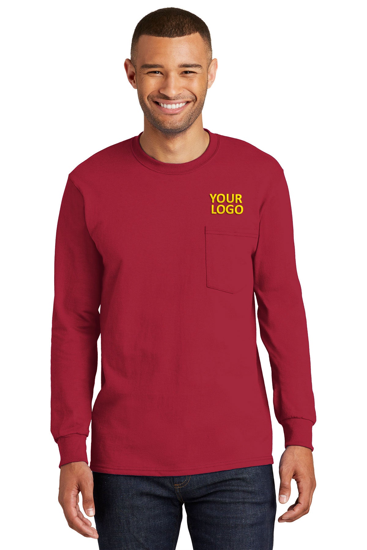 Port & Company Tall Long Sleeve Customized Essential Pocket Tee's, Red