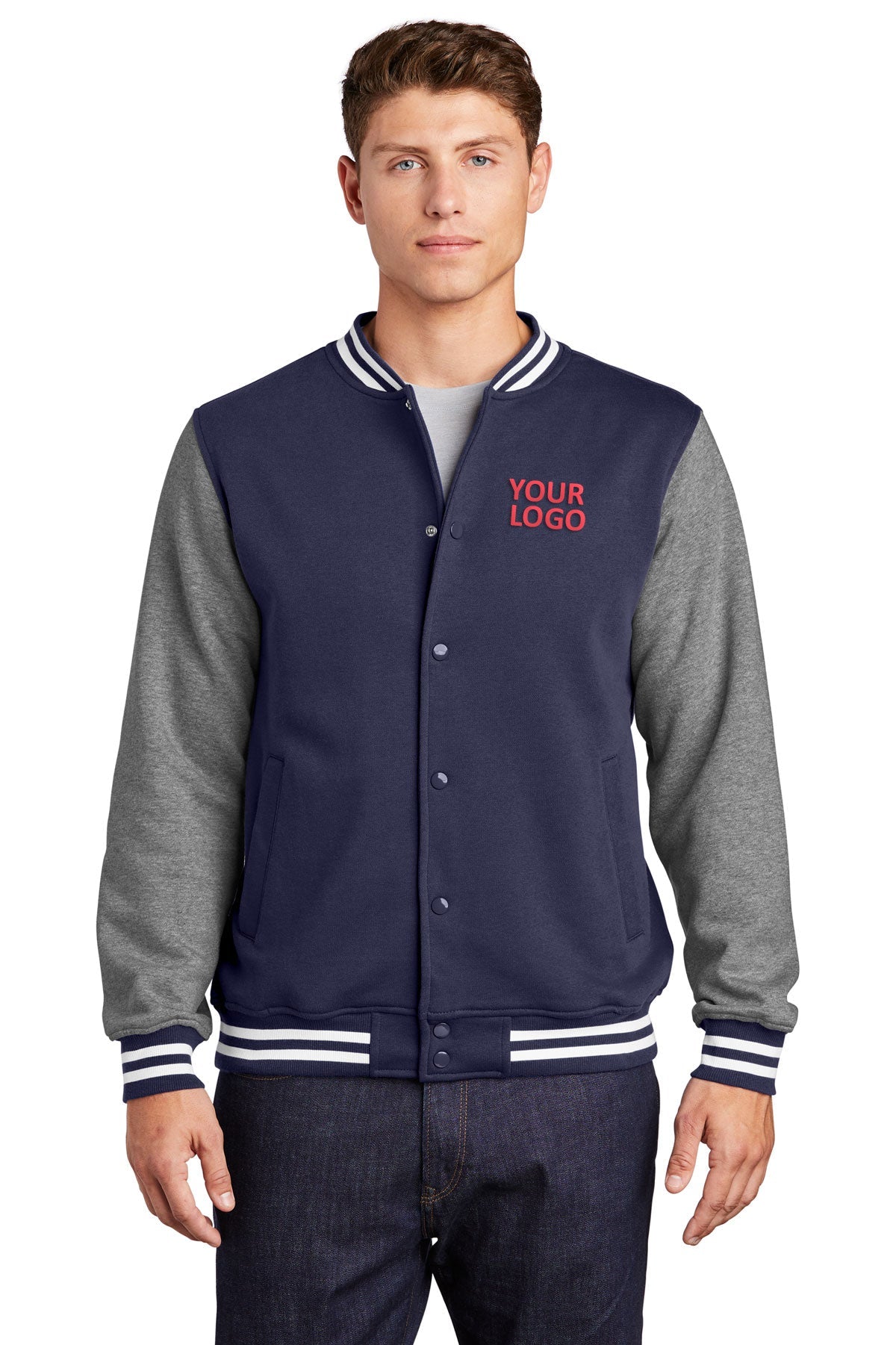 Sport-Tek Fleece Custom Letterman Jackets, True Navy/ Vintage Heather