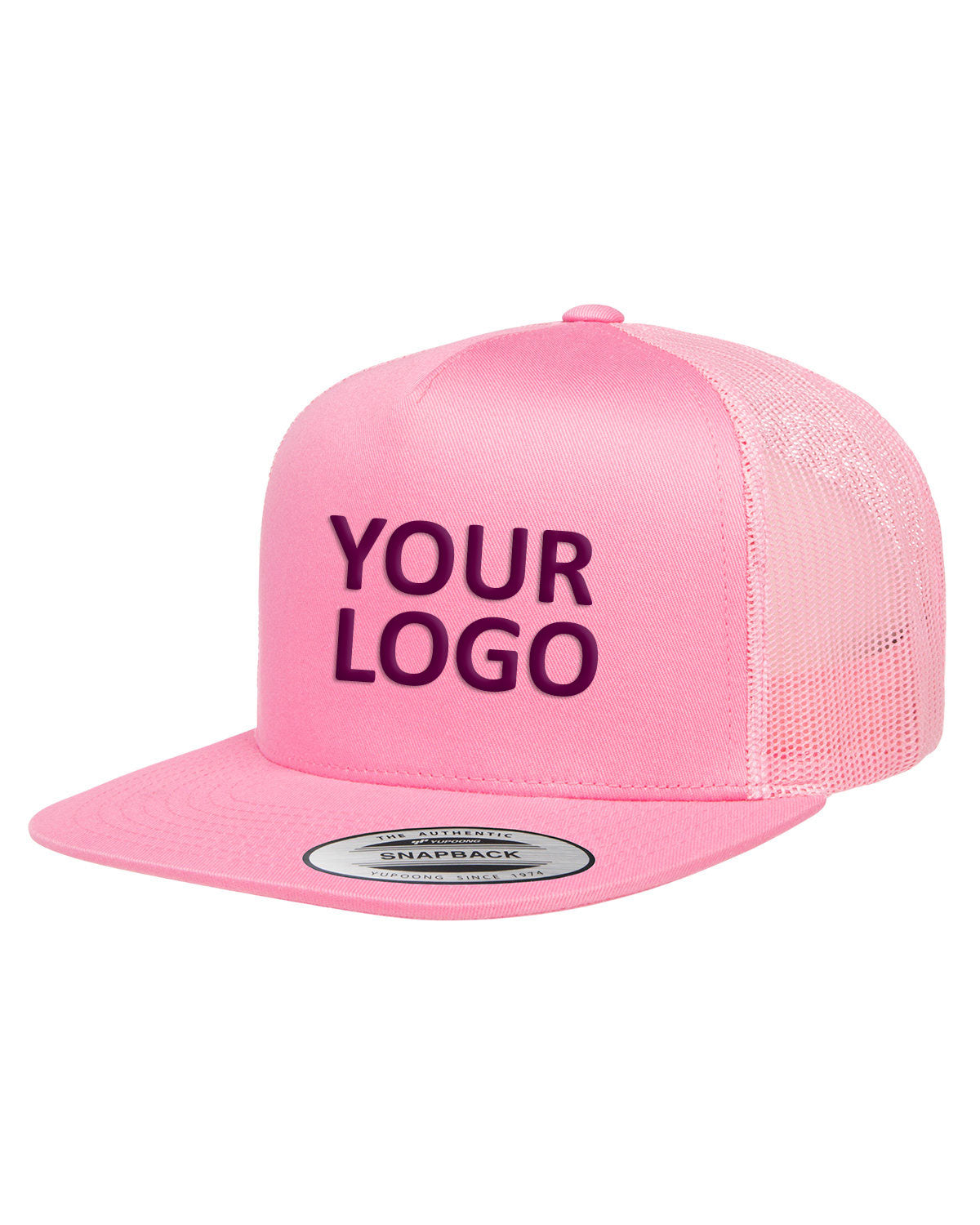 Yupoong Classic 5-Panel Branded Trucker Caps, Pink