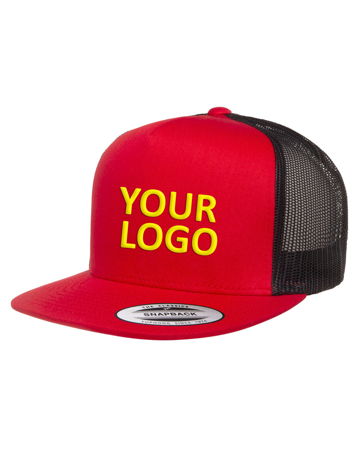 Yupoong Classic 5-Panel Custom Trucker Caps, Red/ Black