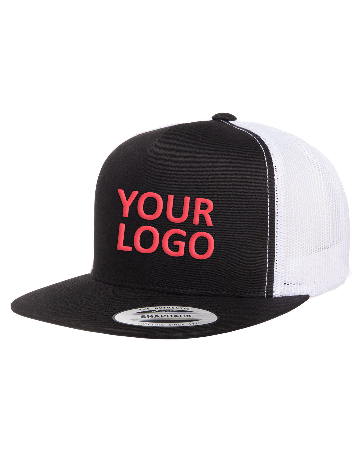 Yupoong Classic 5-Panel Branded Trucker Caps, Black/ White
