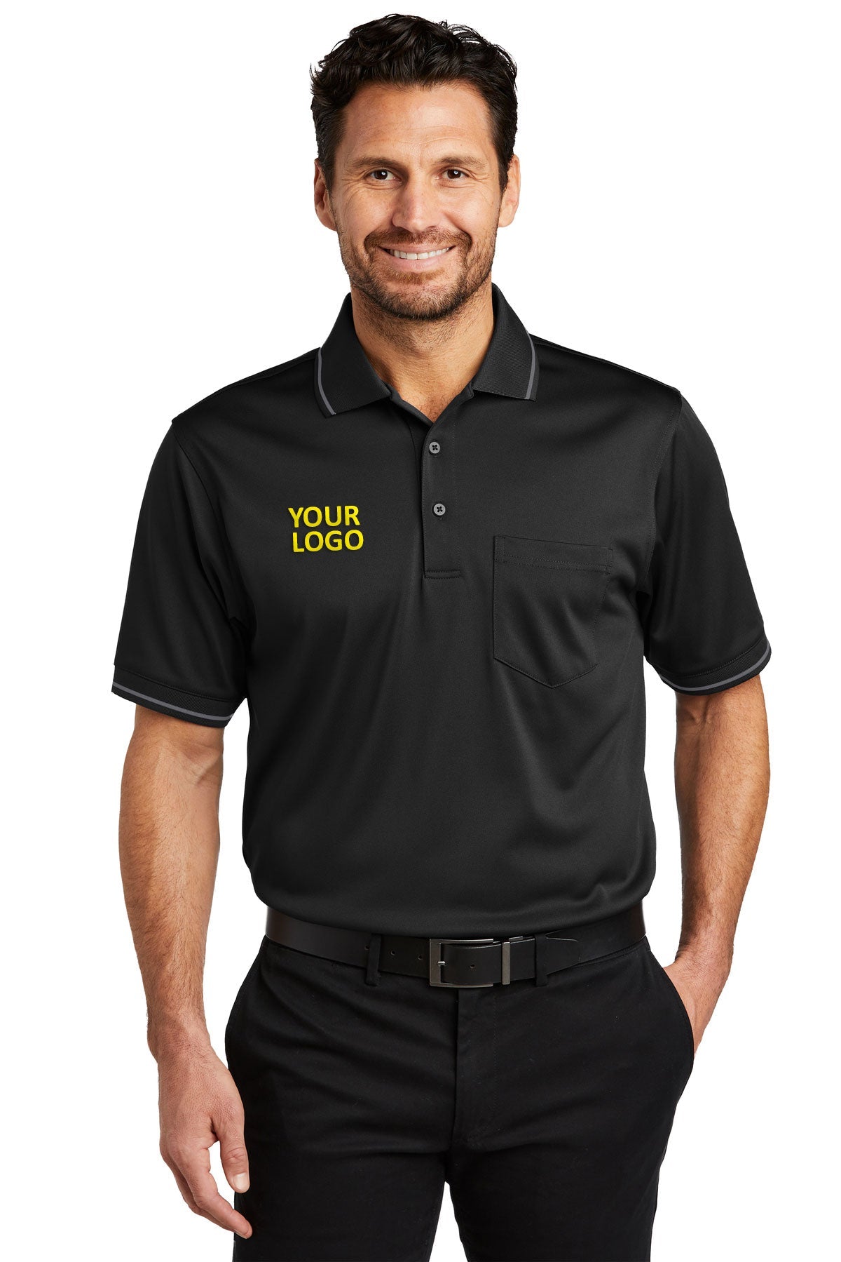 CornerStone Snag-Proof Tipped Pocket Polo, Black/ Smoke Grey