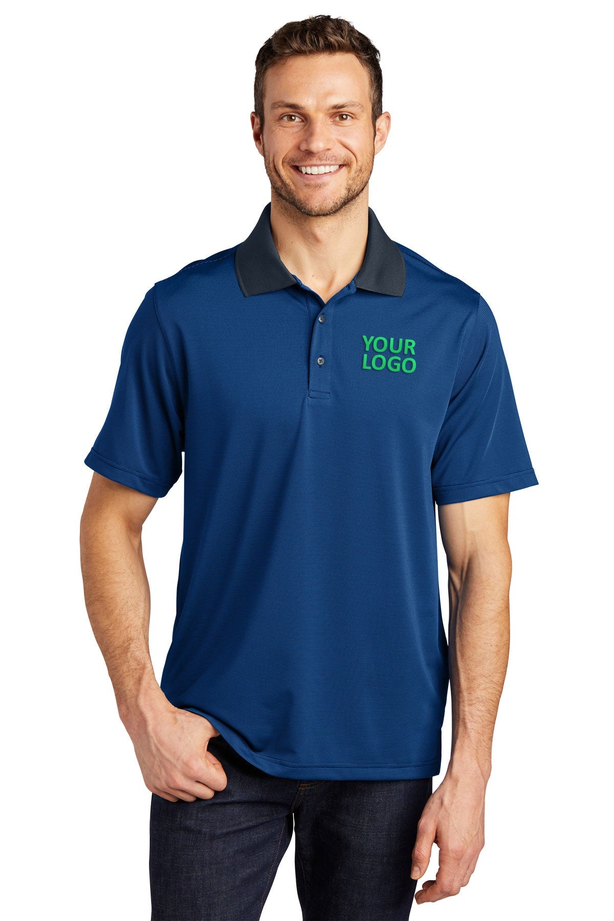 Port Authority Fine Stripe Branded Performance Polos, Seaport Blue/ Dress Blue Navy