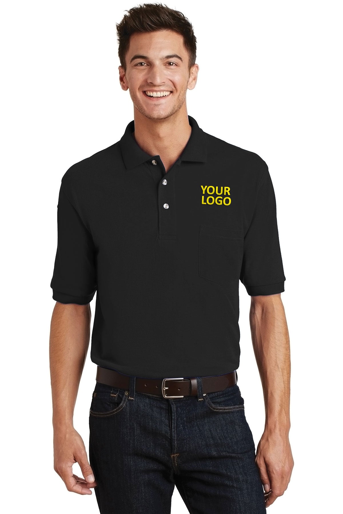 Port Authority Heavyweight Customized Cotton Pique Polos with Pocket, Black