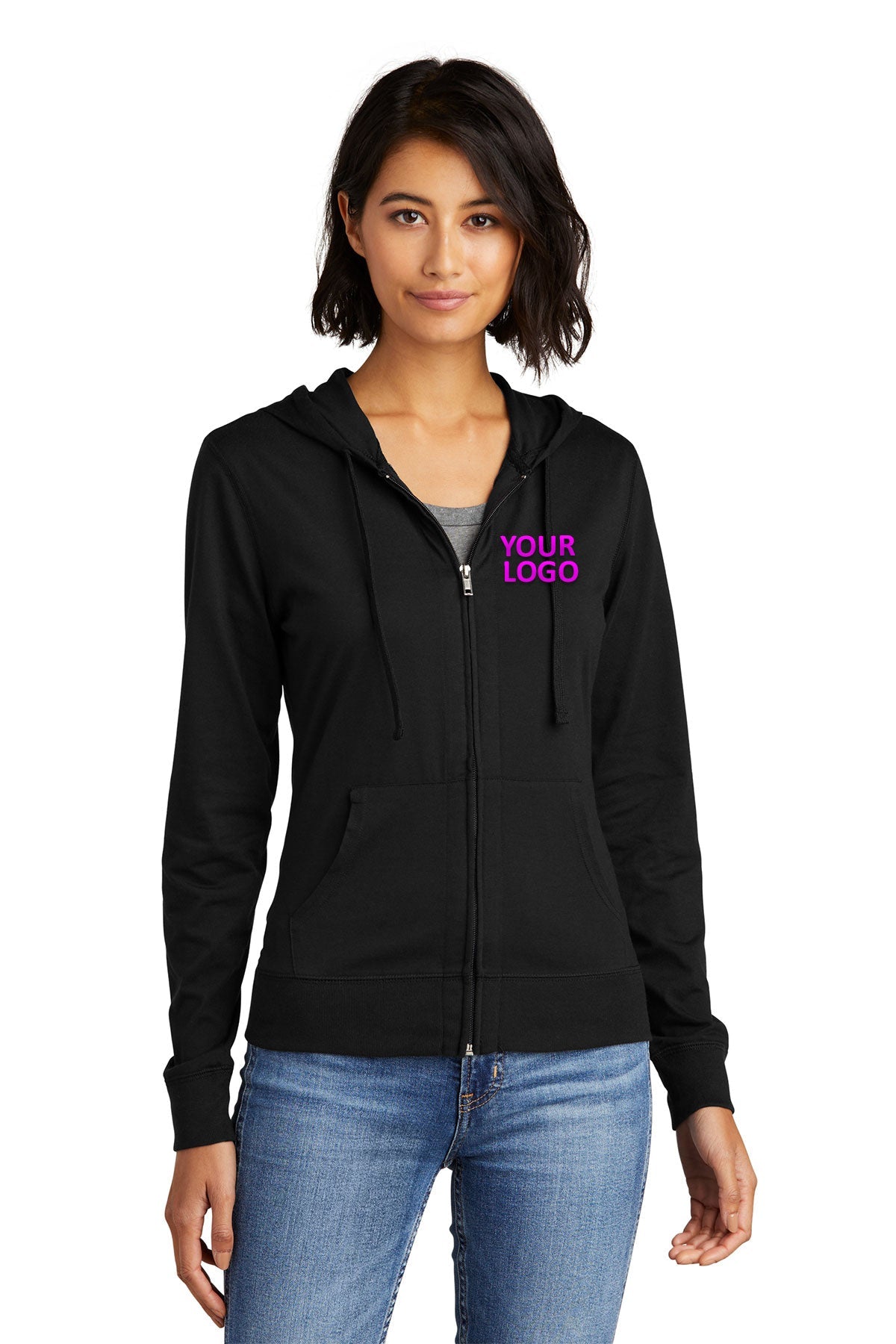 District Ladies Juniors Jersey Full-Zip Hoodies, Black [Adam Equipment]