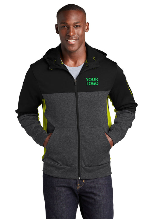 Sport-Tek Ladies Tech Fleece Colorblock Branded Full-Zip Hooded Jackets, Black/ Graphite Heather/ Citron