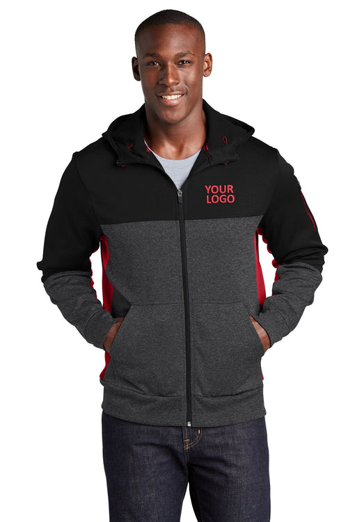 Sport-Tek Ladies Tech Fleece Colorblock Branded Full-Zip Hooded Jackets, Black/ Graphite Heather/ True Red