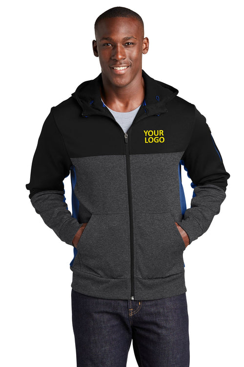 Sport-Tek Ladies Tech Fleece Colorblock Customized Full-Zip Hooded Jackets, Black/ Graphite Heather/ True Royal