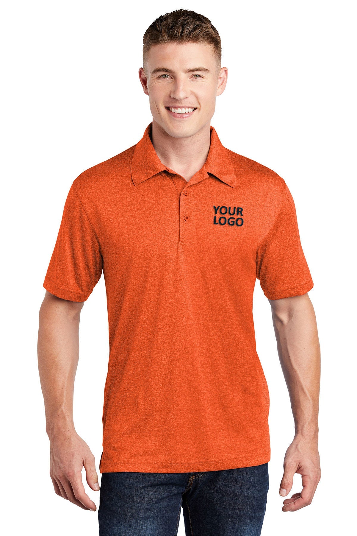 Sport-Tek Deep Orange Heather ST660 polo work shirts with company logo