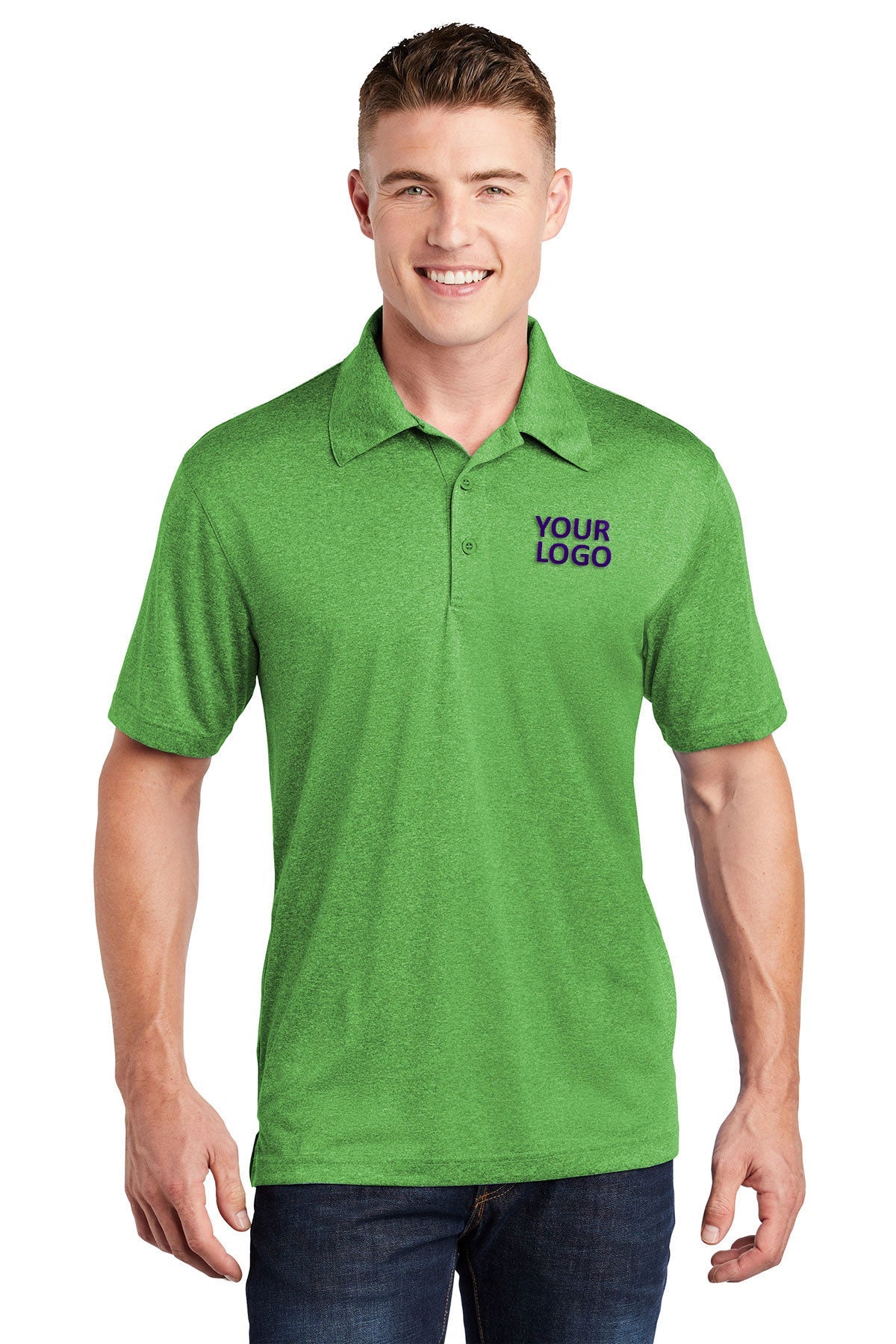 Sport-Tek Heather Contender Branded Polos, Turf Green Heather