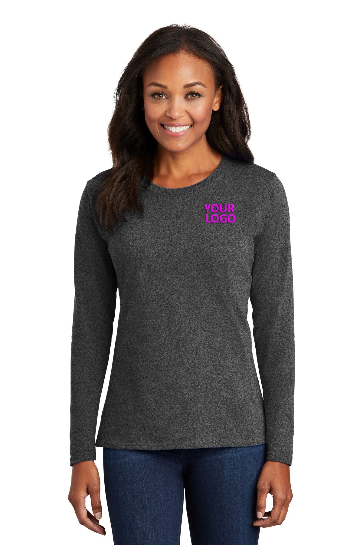 Port & Company Ladies Long Sleeve Branded Core Cotton Tee's, Dark Heather Grey [TruNorthern]