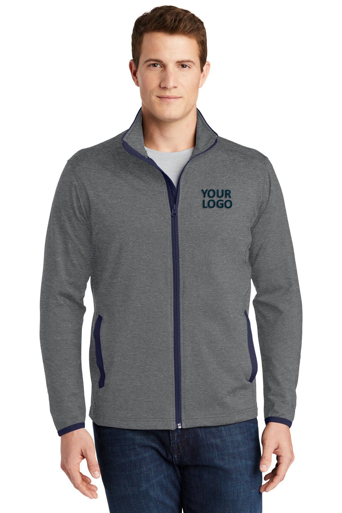 Sport-Tek Sport-Wick Stretch Contrast Branded Full-Zip Jackets, Charcoal Grey Heather/ True Navy