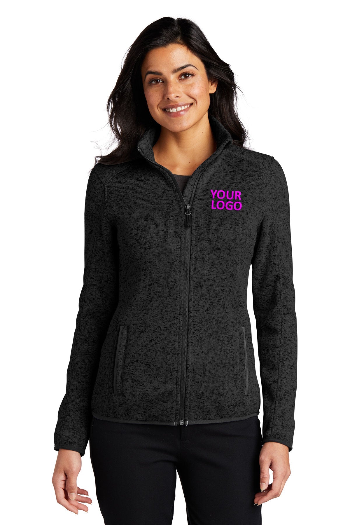 Port Authority Ladies Sweater Fleece Customized Jackets, Black Heather [TruNorthern]