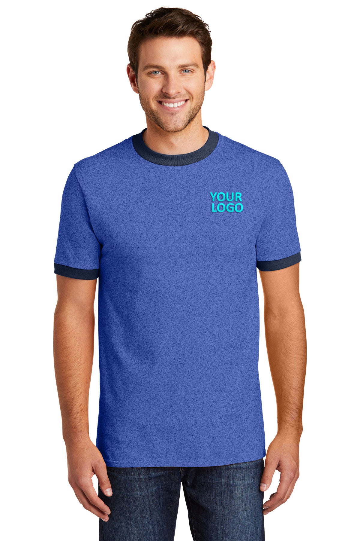 Port & Company Core Cotton Customized Ringer Tee's, Heather Royal/ Navy