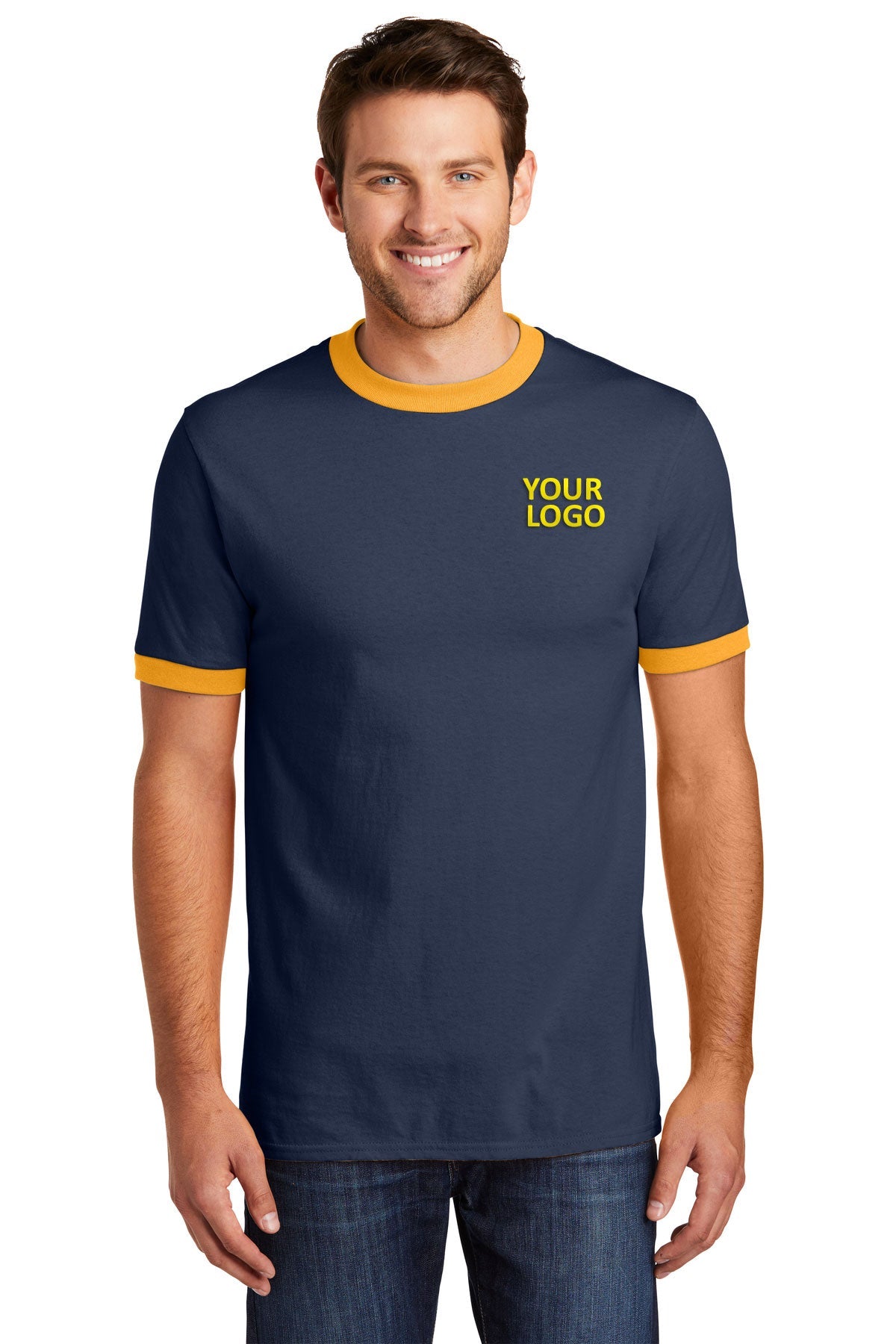 Port & Company Core Cotton Customized Ringer Tee's, Navy/ Gold