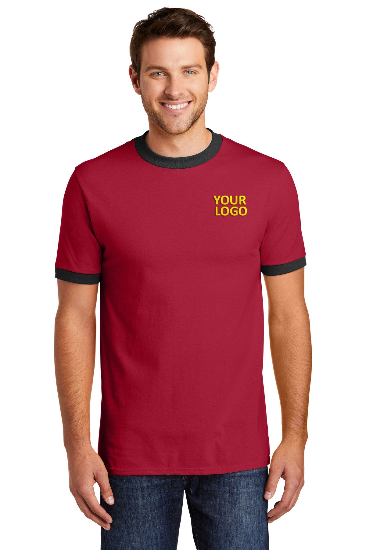 Port & Company Core Cotton Branded Ringer Tee's, Red/ Jet Black