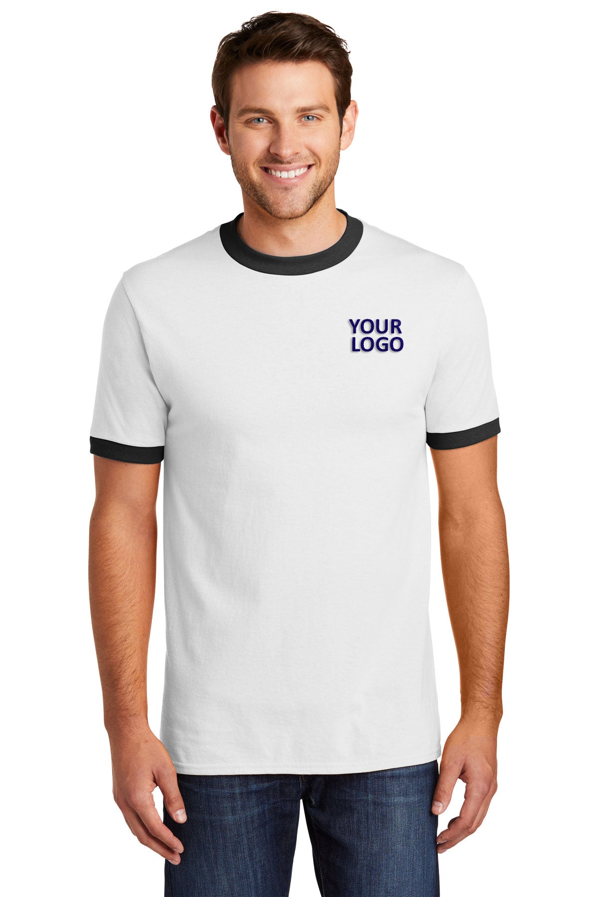 Port & Company Core Cotton Branded Ringer Tee's, White/ Jet Black