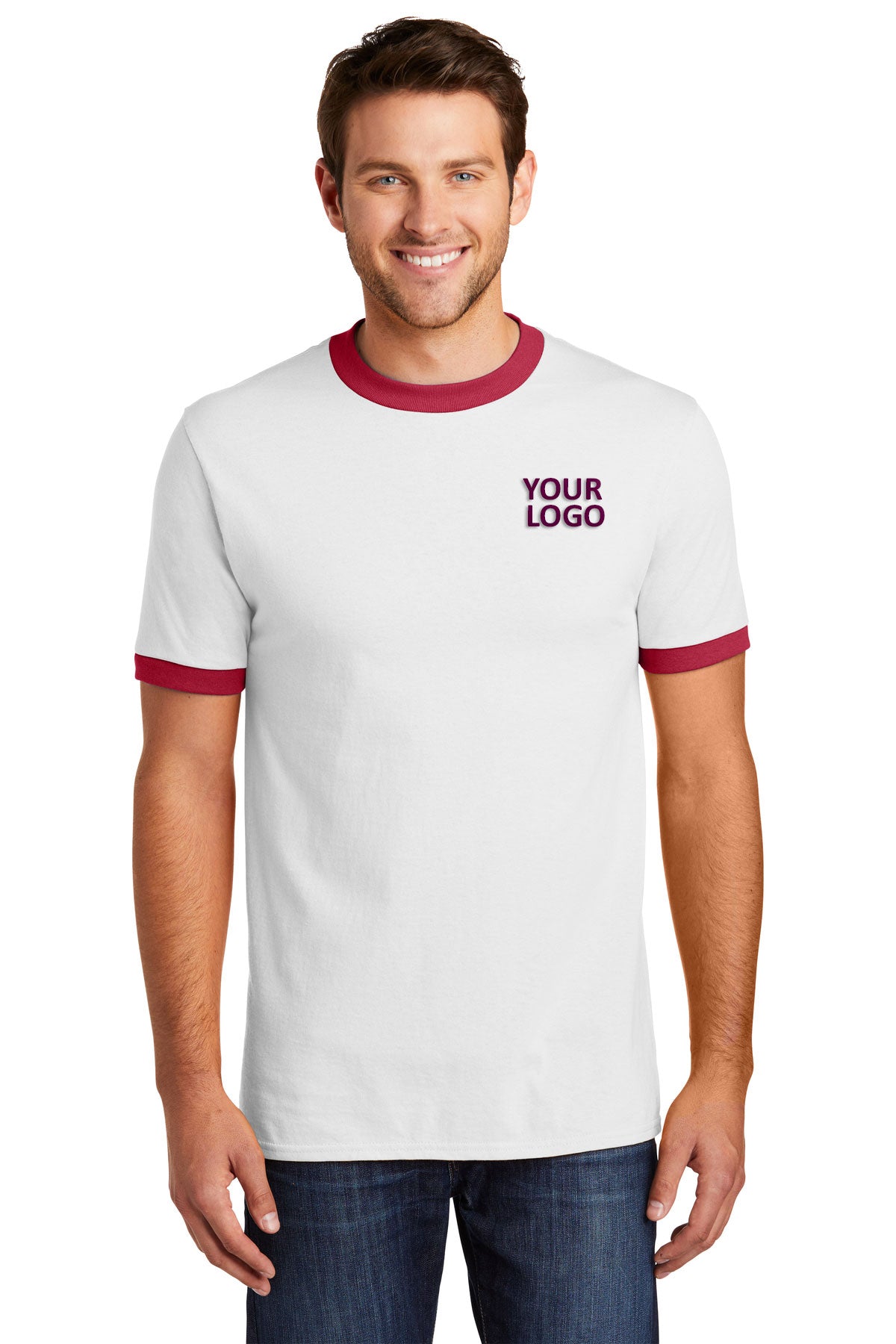 Port & Company Core Cotton Branded Ringer Tee's, White/ Red