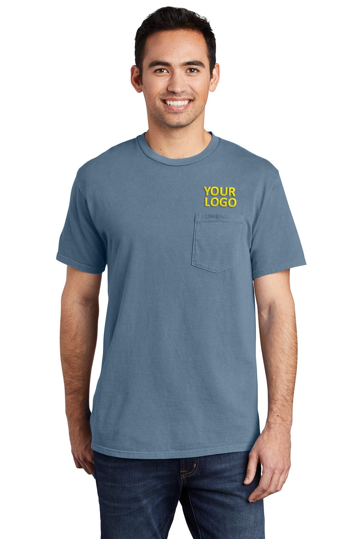 Port & Company Pigment-Dyed Pocket Customized Tee's, Denim Blue