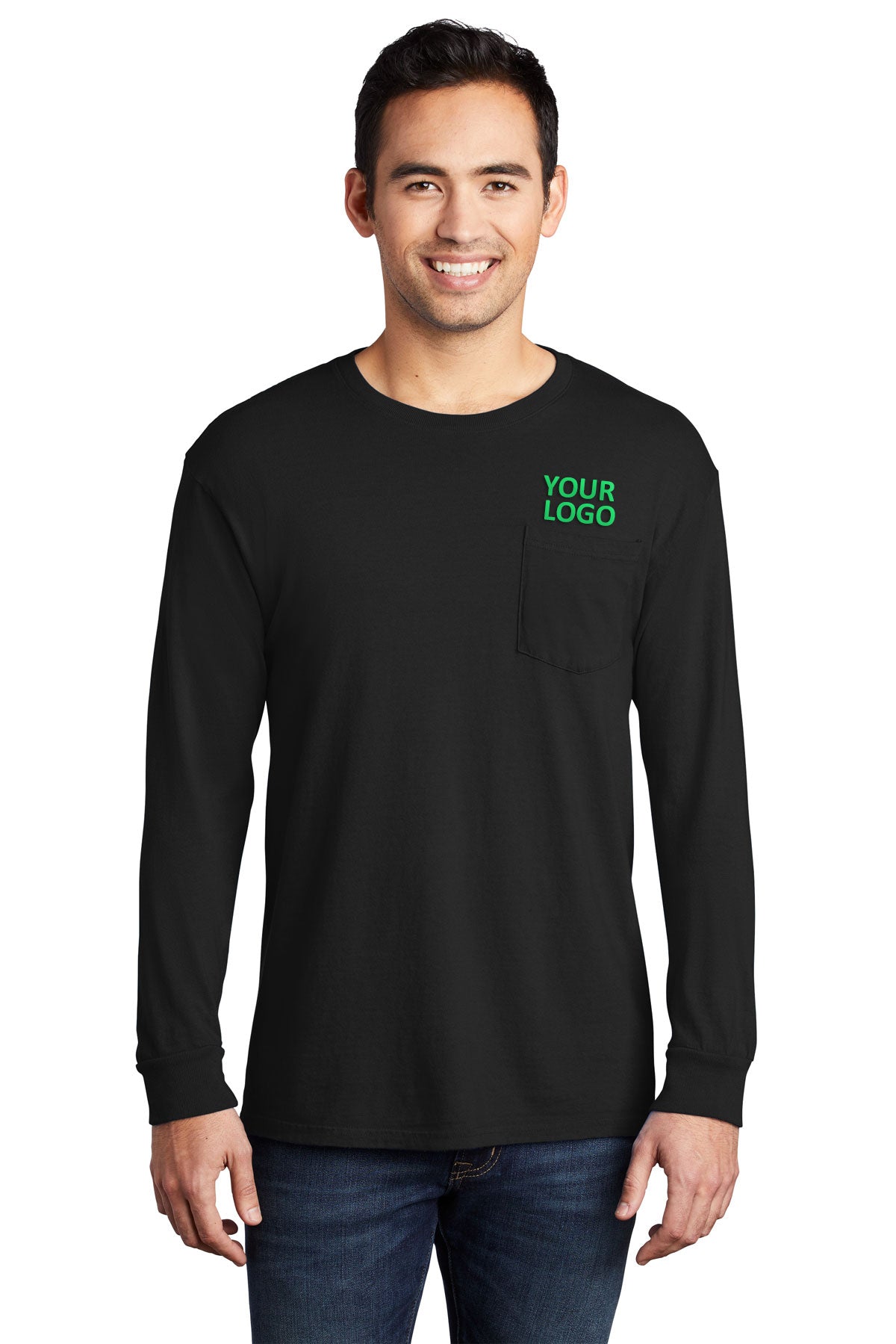Port & Company Pigment-Dyed Branded Long Sleeve Pocket Tee's, Black