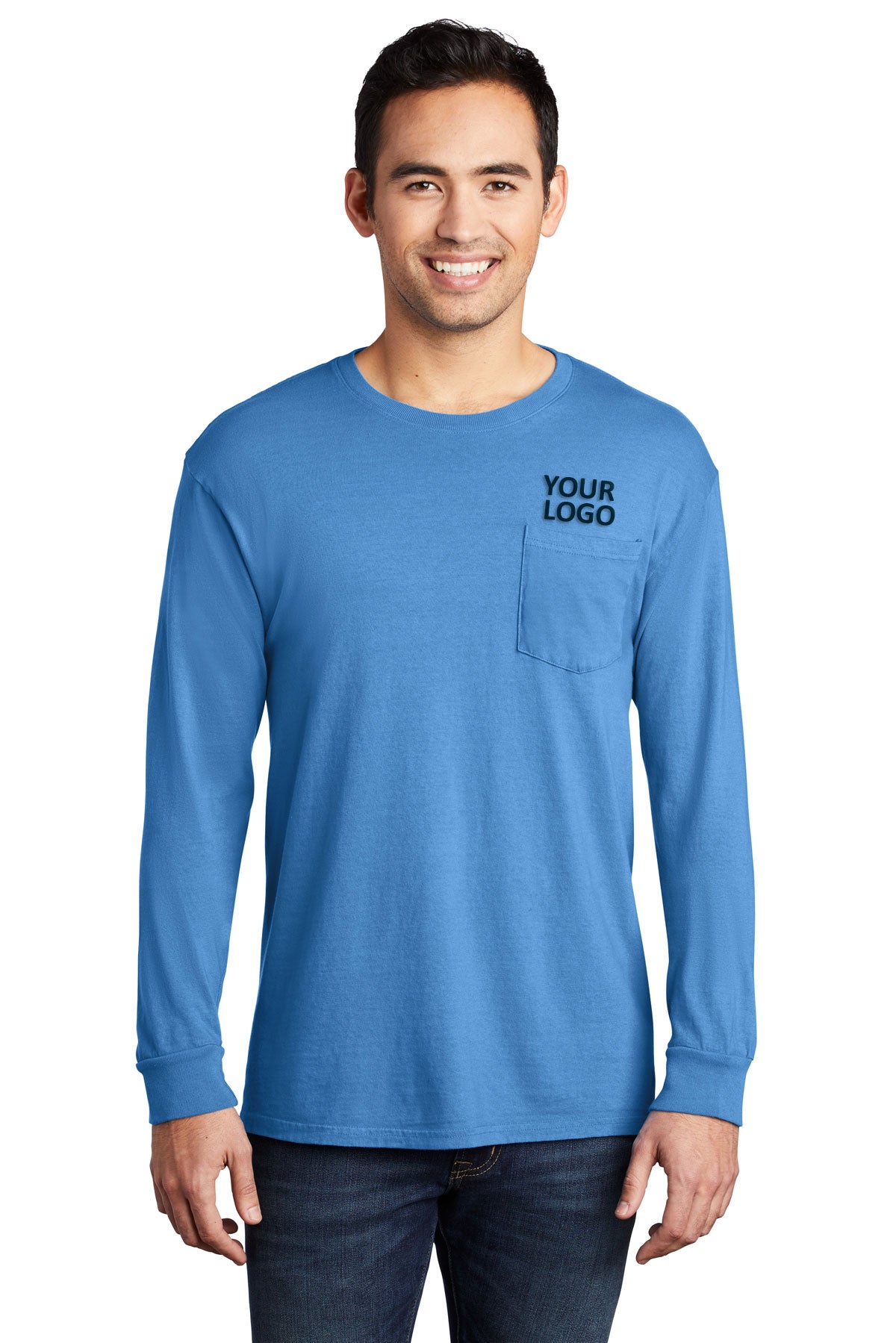 Port & Company Pigment-Dyed Branded Long Sleeve Pocket Tee's, Blue Moon