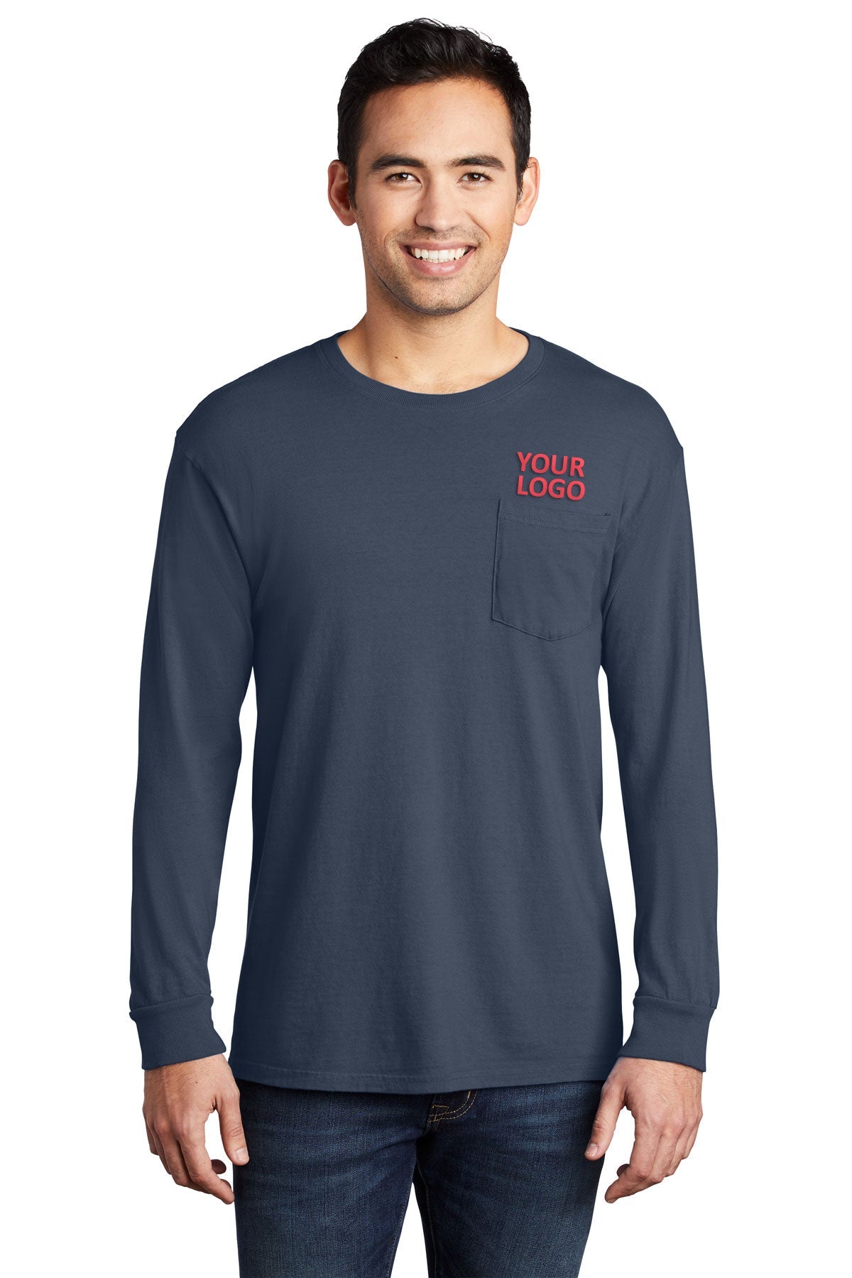 Port & Company Pigment-Dyed Customized Long Sleeve Pocket Tee's, Denim Blue