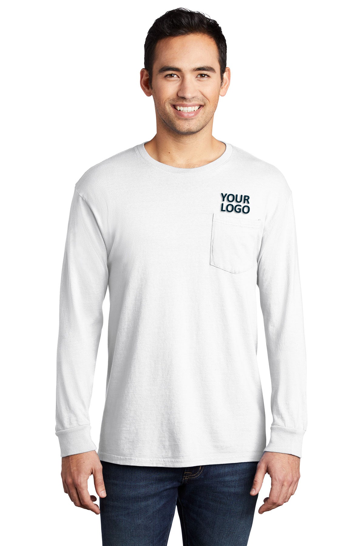 Port & Company Pigment-Dyed Custom Long Sleeve Pocket Tee's, White