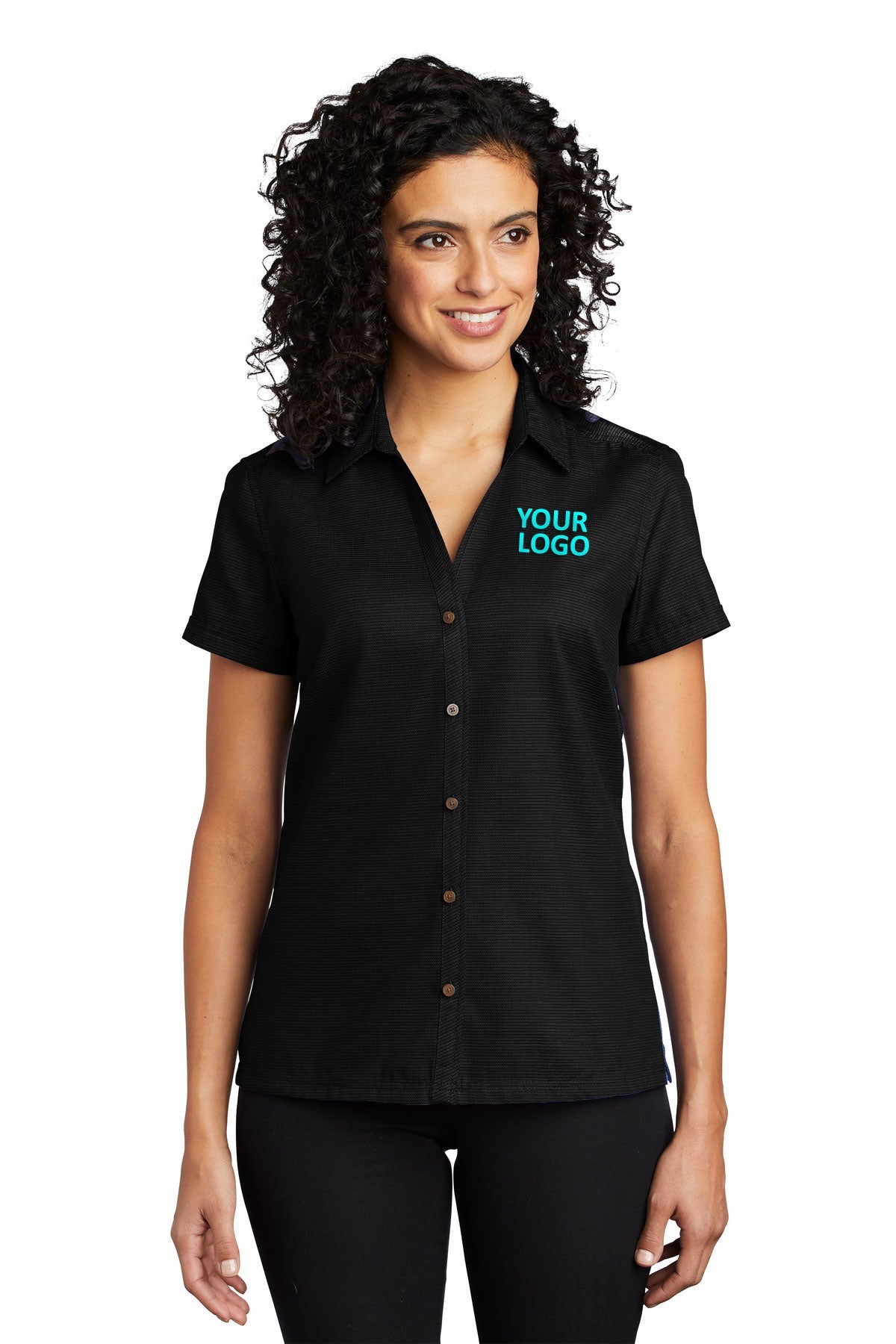 Port Authority Ladies Textured Customized Camp Shirts, Black [ERES]