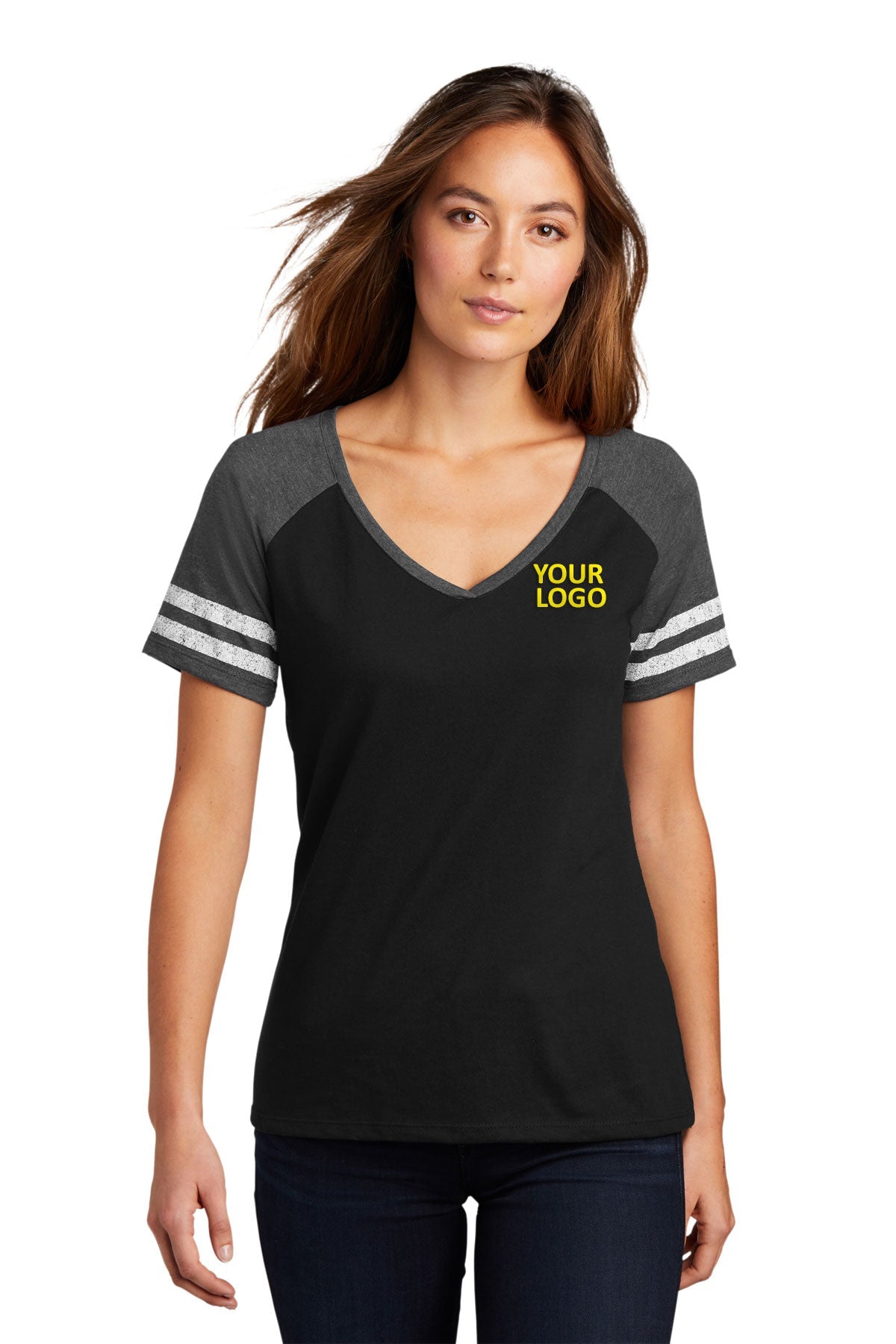 District Made Ladies Game V-Neck Tee's, Black/ Heathered Charcoal