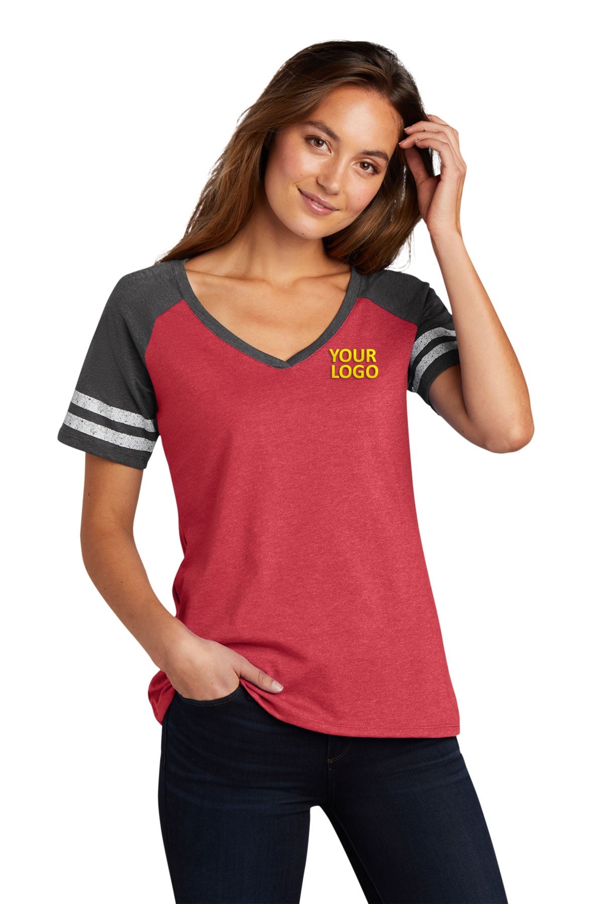 District Made Ladies Game V-Neck Tee's, Heathered Red/ Heathered Charcoal