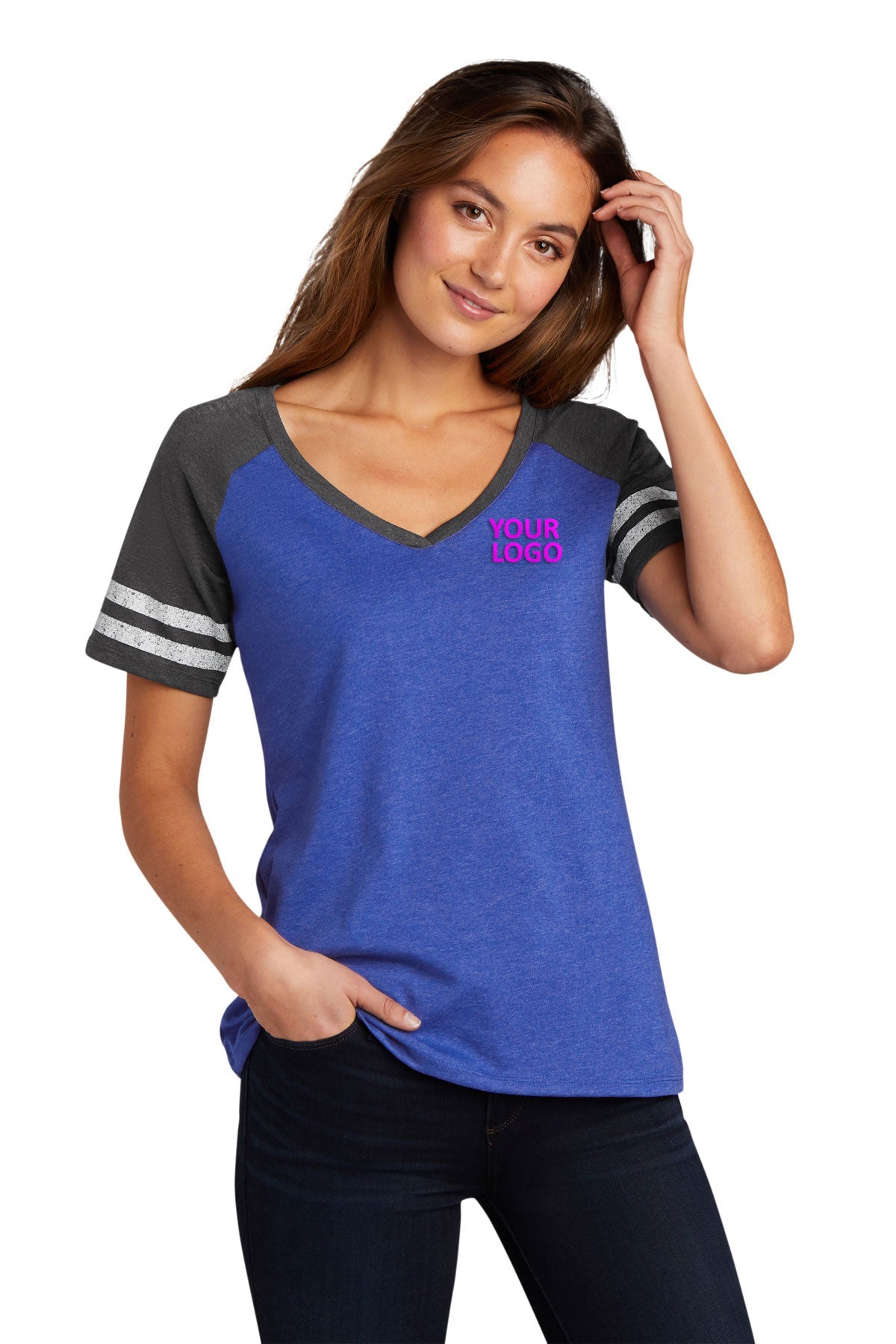 District Made Ladies Game V-Neck Tee's, Heathered True Royal/ Heathered Charcoal