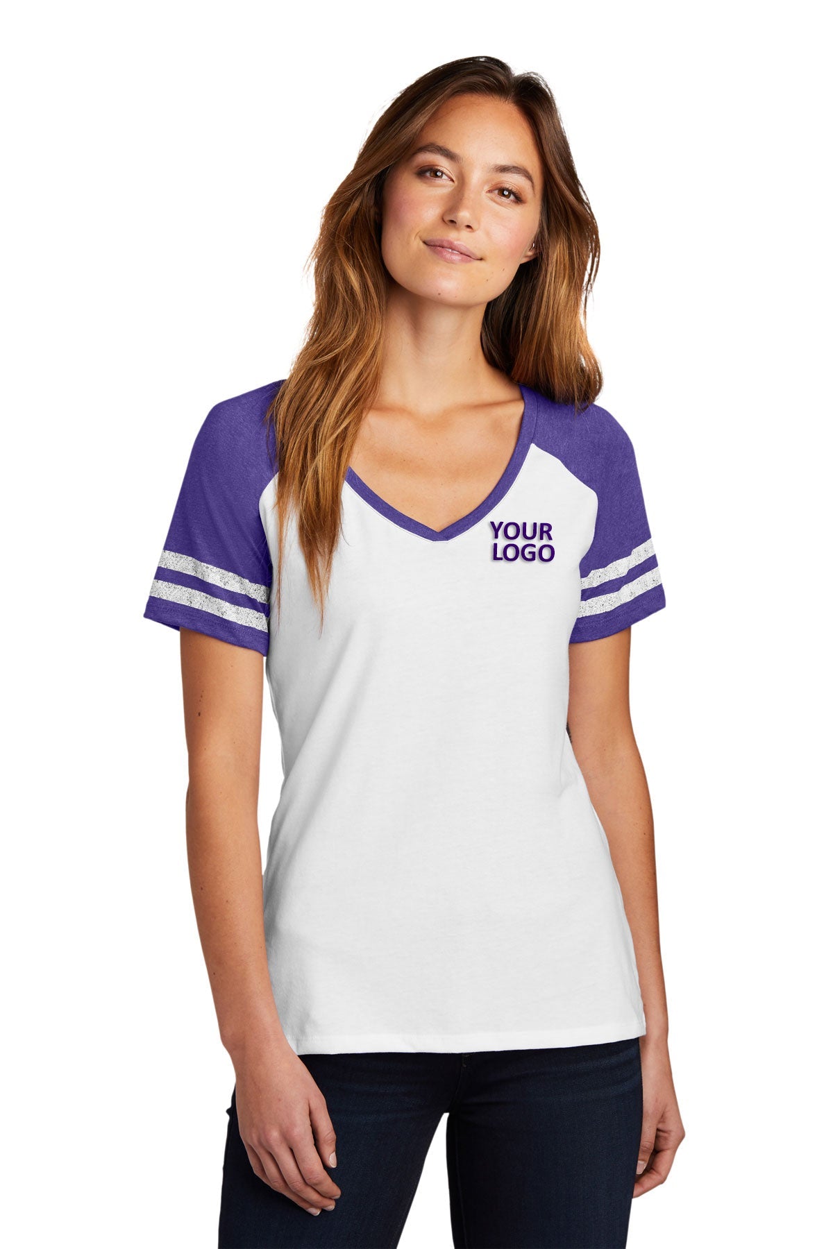 District Made Ladies Game V-Neck Tee's, White/ Heathered Purple