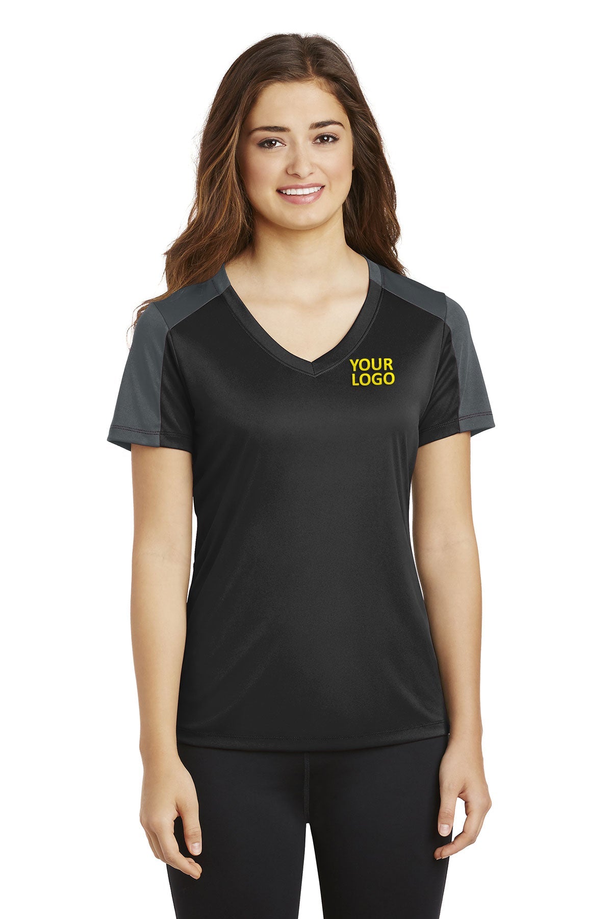 Sport-Tek Ladies PosiCharge Competitor Customized Sleeve-Blocked V-Neck Tee's, Black/ Iron Grey