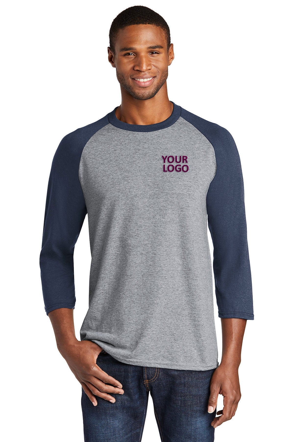 Port & Company Core Blend Branded 3/4-Sleeve Raglan Tee's, Athletic Heather/ Navy