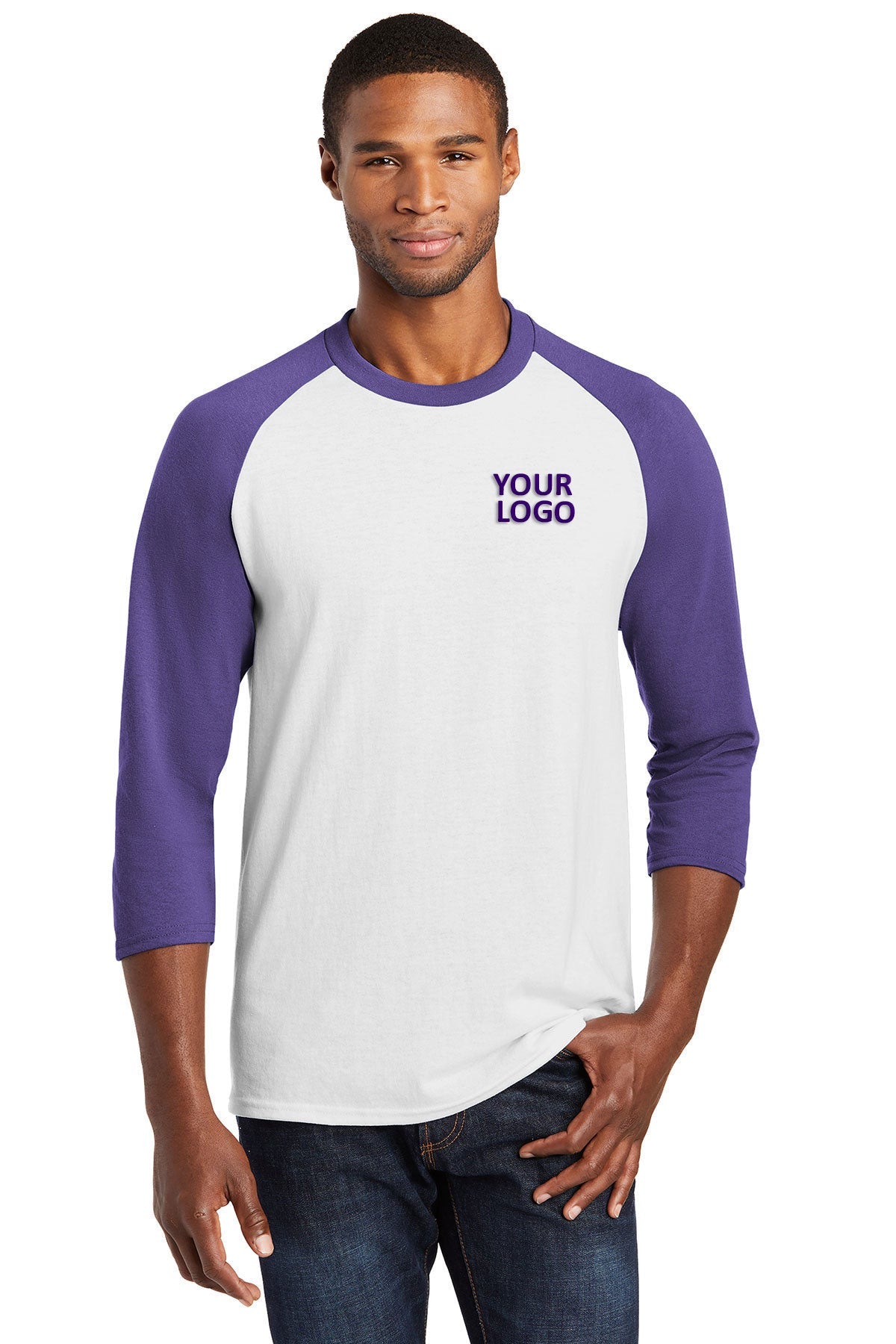 Port & Company Core Blend Customized 3/4-Sleeve Raglan Tee's, White/ Purple