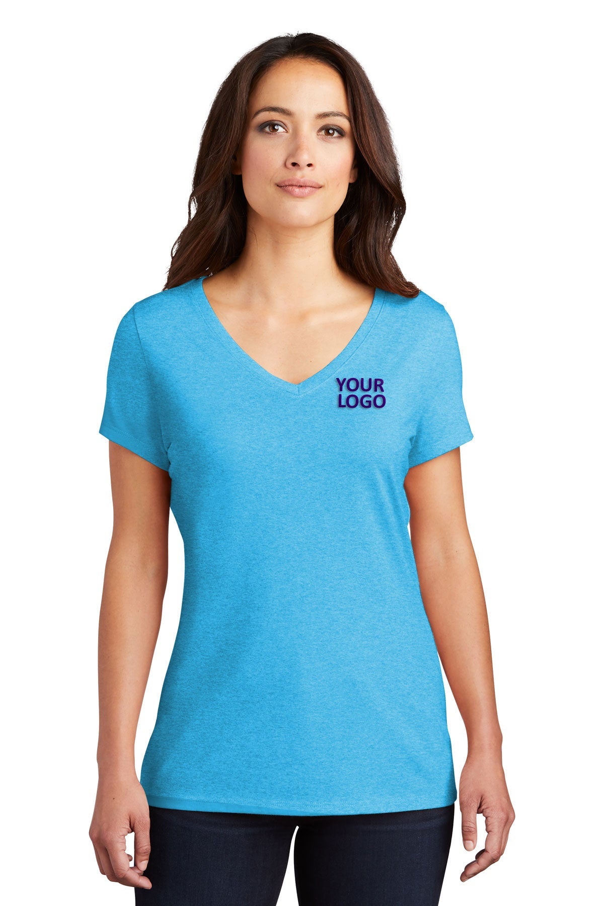 District Made Ladies Perfect Tri V-Neck Tee's, Turquoise Frost
