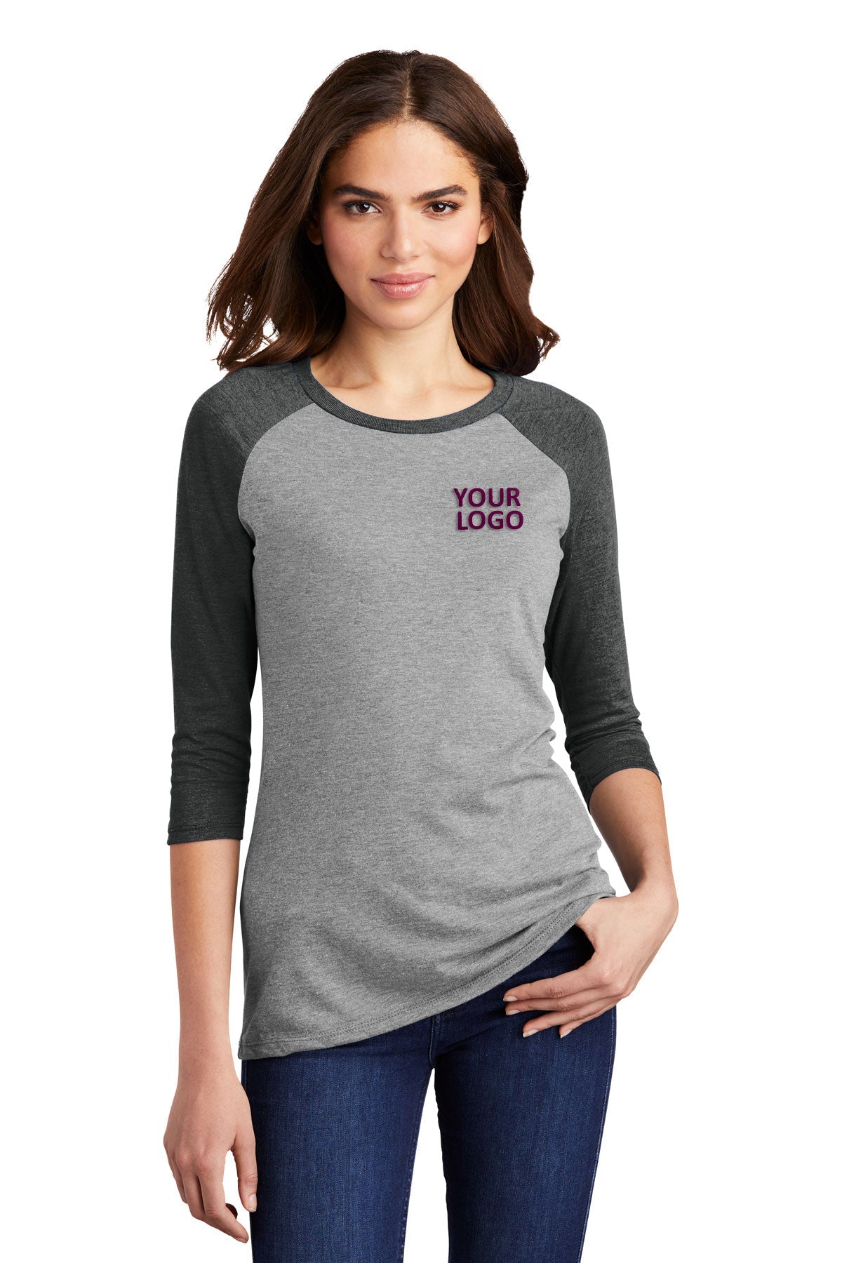 District Made Ladies Perfect Tri 3/4-Sleeves, Black Frost/ Grey Frost