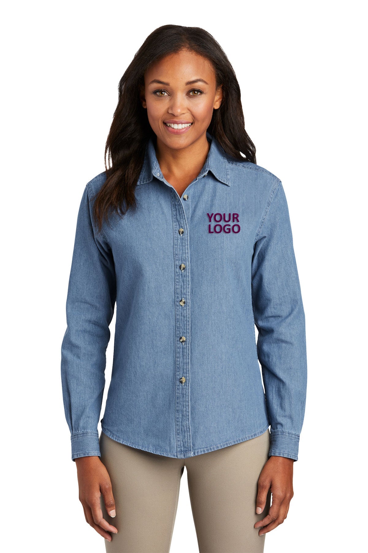Port & Company Ladies Long Sleeve Custom Denim Shirts, Faded Blue [Dunbar]