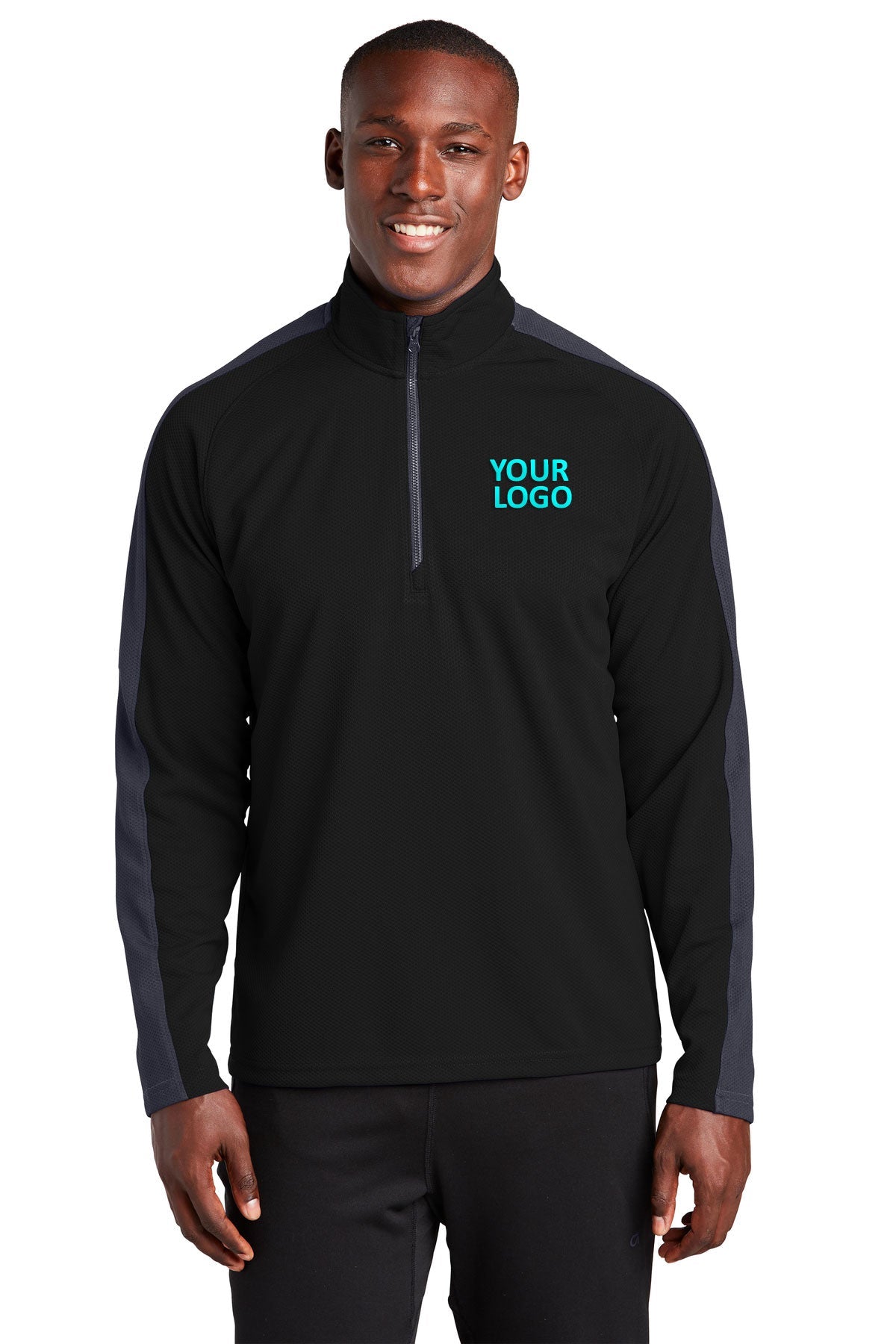 Sport-Tek Sport-Wick Textured Colorblock Custom 1/4-Zip Pullovers, Black/ Iron Grey