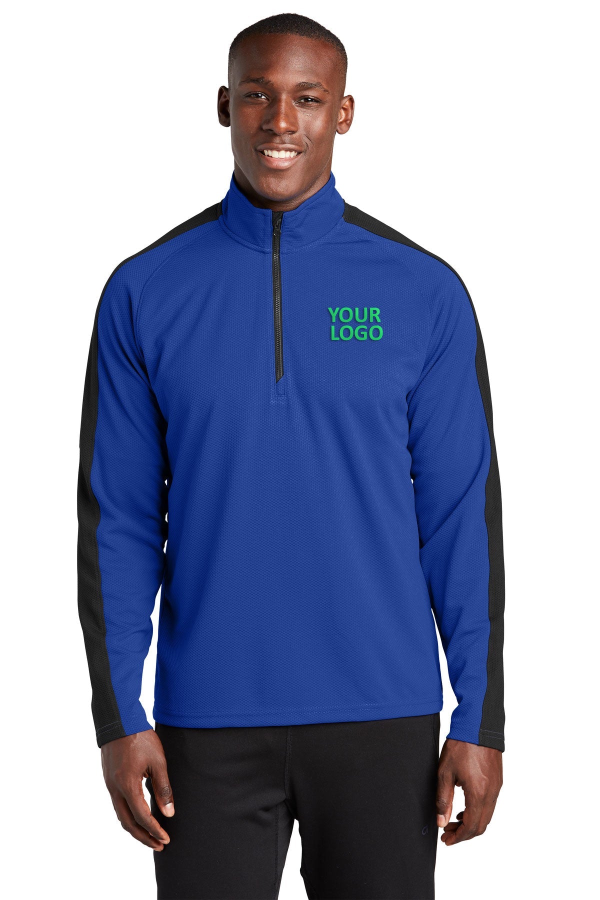Sport-Tek Sport-Wick Textured Colorblock Customized 1/4-Zip Pullovers, True Royal/ Black