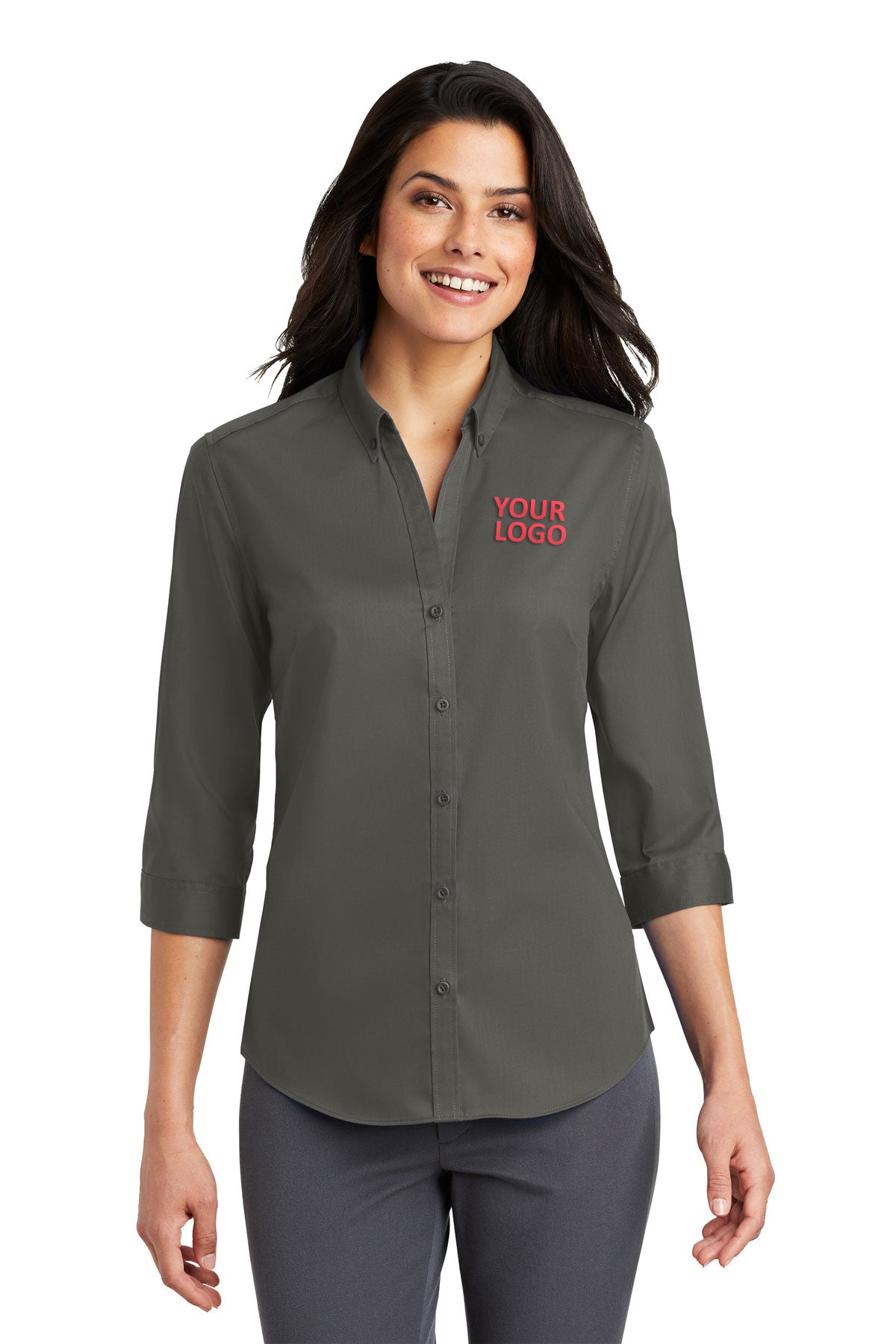 Port Authority Ladies 3/4-Sleeve SuperPro Branded Twill Shirts, Sterling Grey