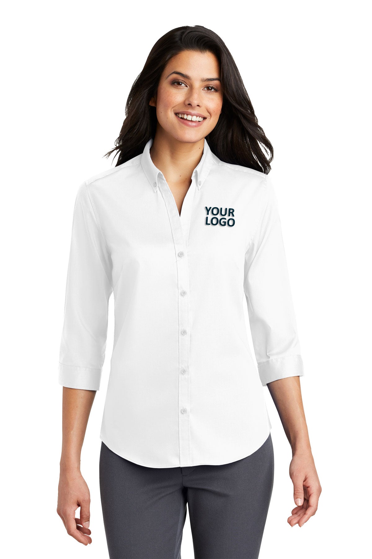 Port Authority Ladies 3/4-Sleeve SuperPro Branded Twill Shirts, White