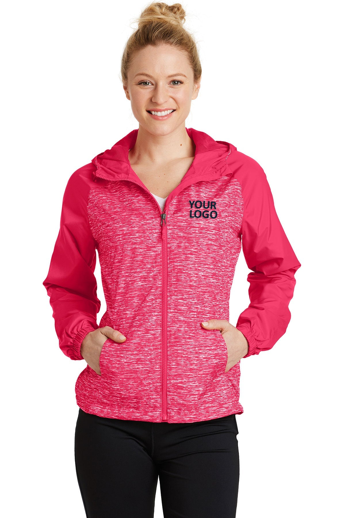 Sport-Tek Ladies Heather Colorblock Customized Raglan Hooded Wind Jackets, Pink Raspberry Heather/ Pink Raspberry