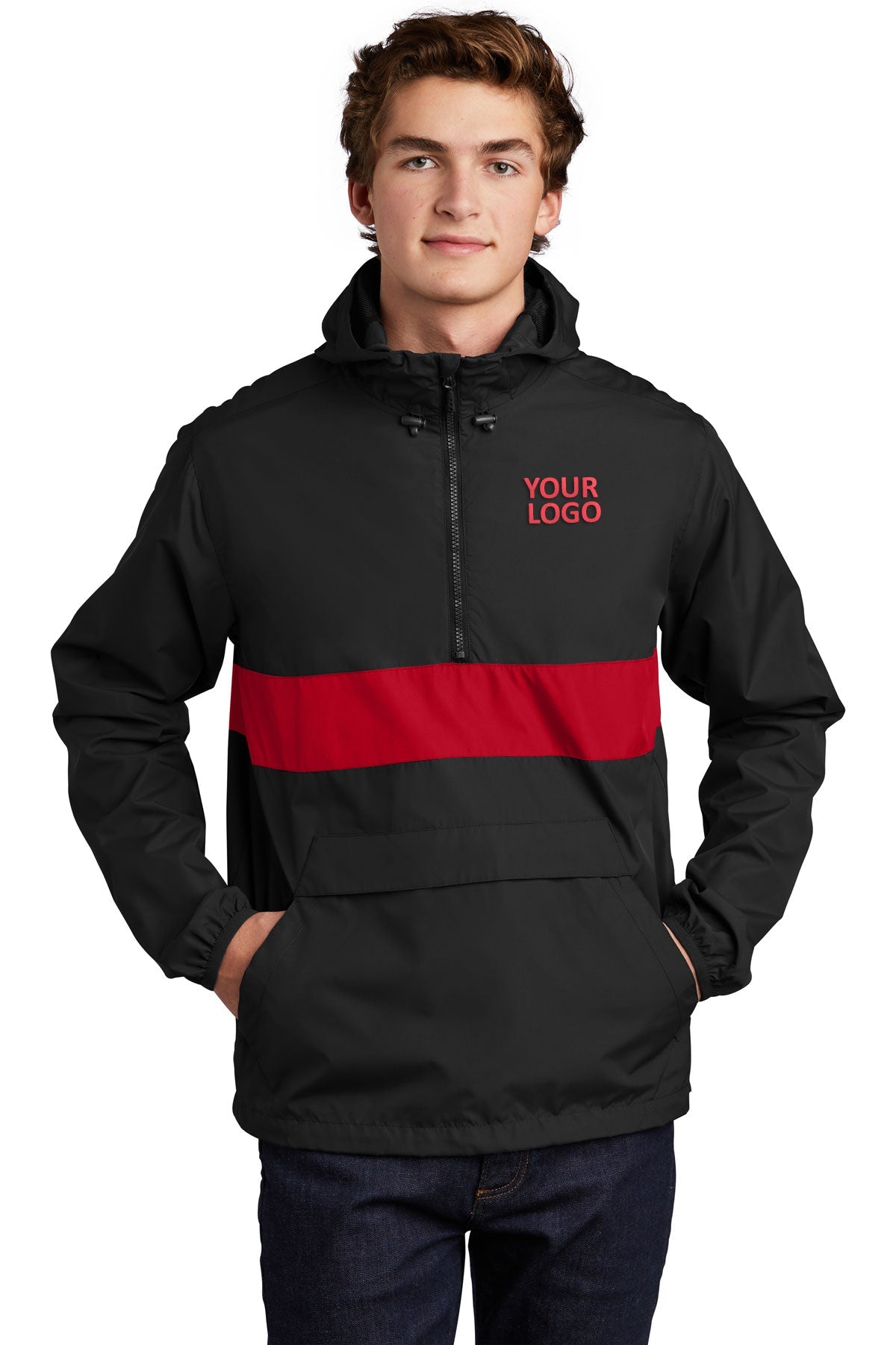 Sport-Tek Zipped Pocket Custom Anorak Jackets, Black/ True Red