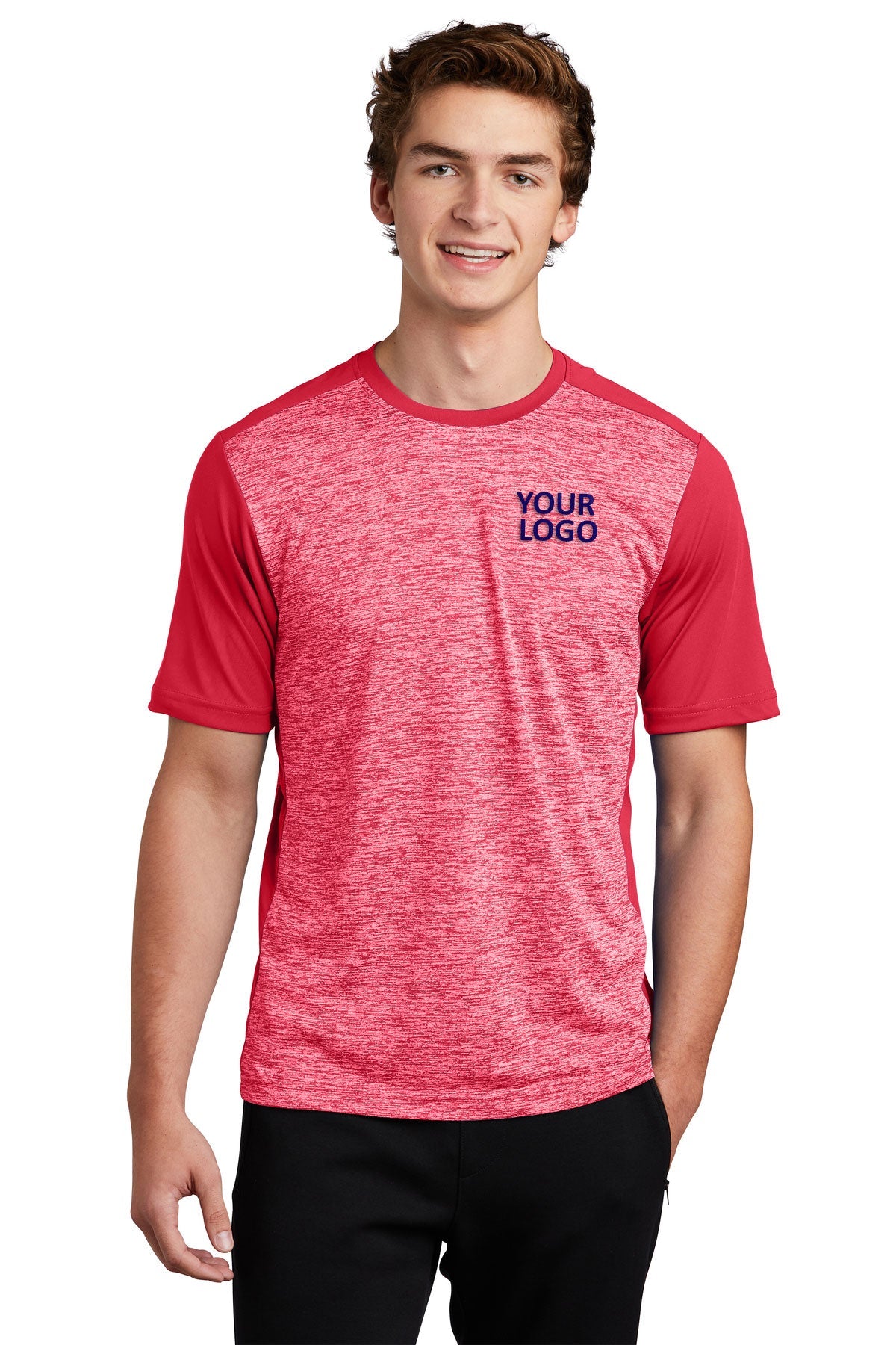 Sport-Tek PosiCharge Electric Heather Customized Colorblock Tee's, Deep Red Electric/ Deep Red